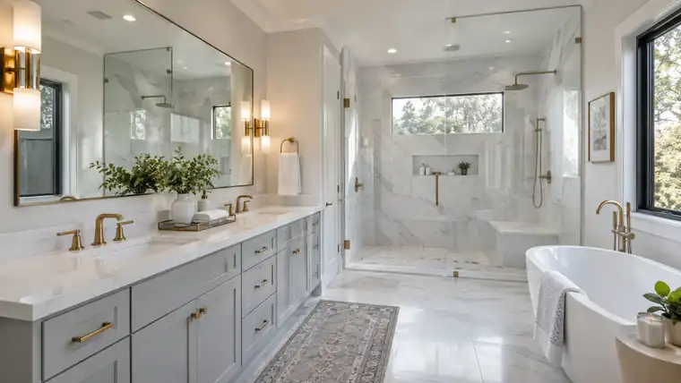 Bathroom remodel with gray double vanity, gold fixtures, marble walk-in shower and freestanding tub