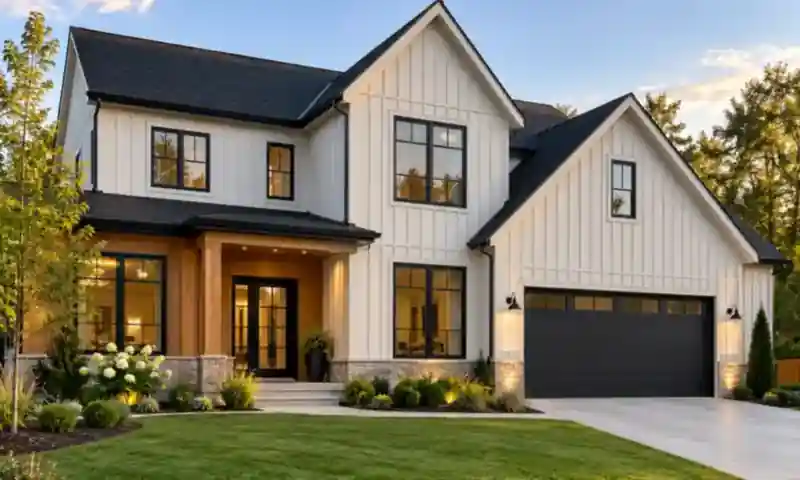 Modern farmhouse with white board and batten vertical panel siding, cedar accents and black garage door