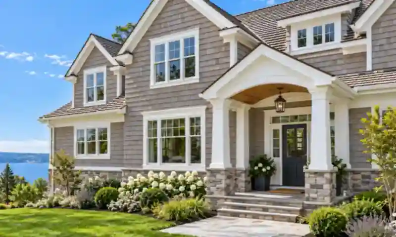 Gray Cedar Impressions polymer shake siding home with white trim and covered entry near the water