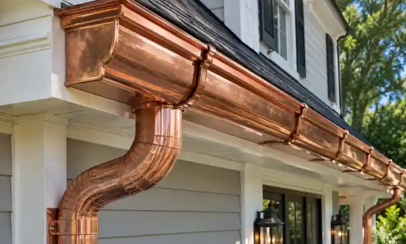 Copper gutter and downspout on a white colonial home