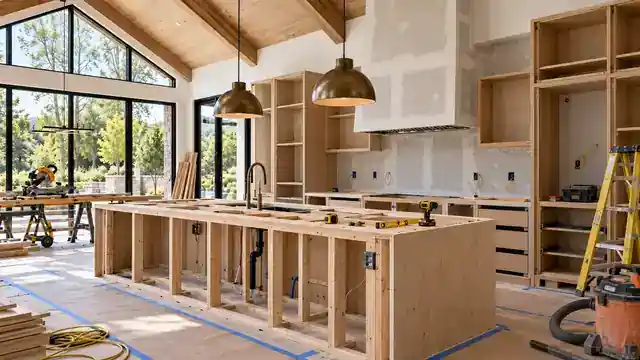 Custom kitchen cabinet installation during a Massachusetts remodel with island framing, open cabinet boxes and vaulted ceiling