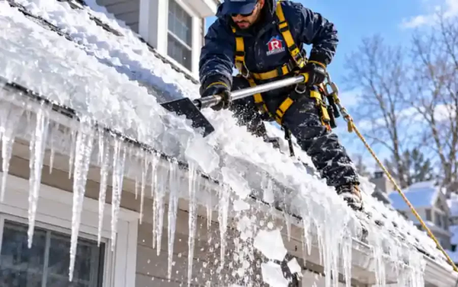 Ice dam and icicle removal from a snow-covered roof edge