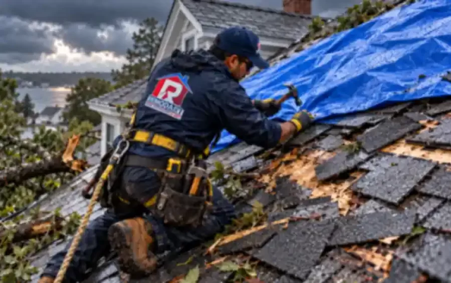 Storm-damaged roof with fallen tree limbs and a protective tarp being installed