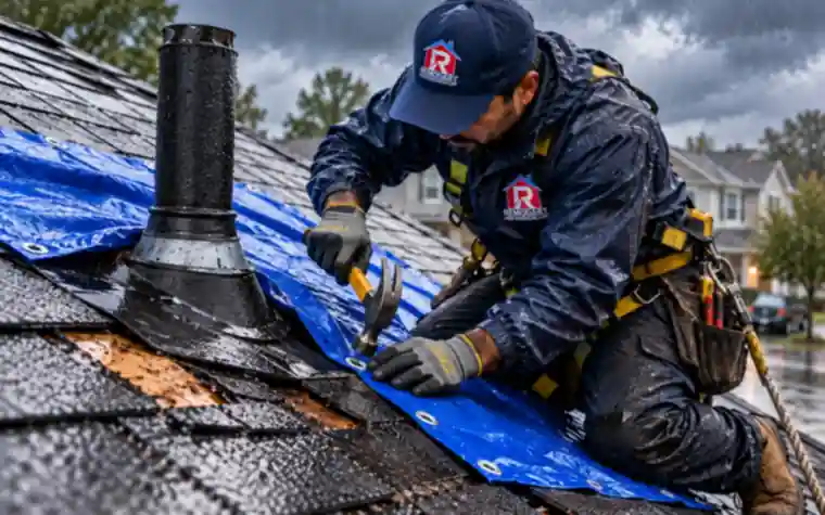 Emergency roof tarp being secured around a vent pipe during rain