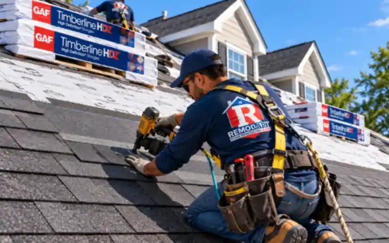 GAF Timberline HDZ shingles being installed on a residential roof