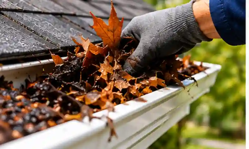 Gloved hand removing wet leaves from a clogged gutter