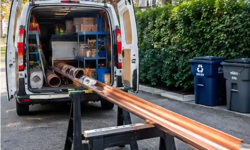 Gutter contractor van with a new copper gutter section on sawhorses