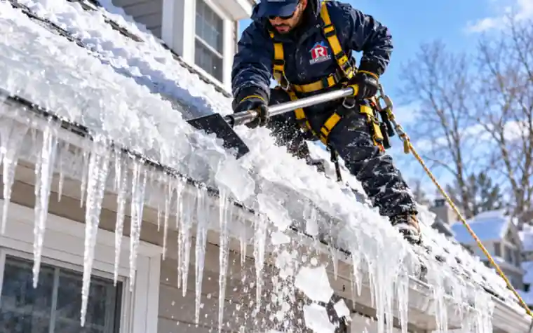 Ice dam and icicle removal from a snow-covered roof edge