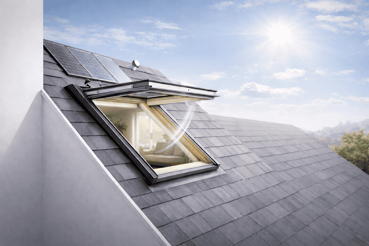 Open skylight on a modern roof with natural sunlight entering and visible airflow, illuminating a clean minimalist interior with white and wood finishes