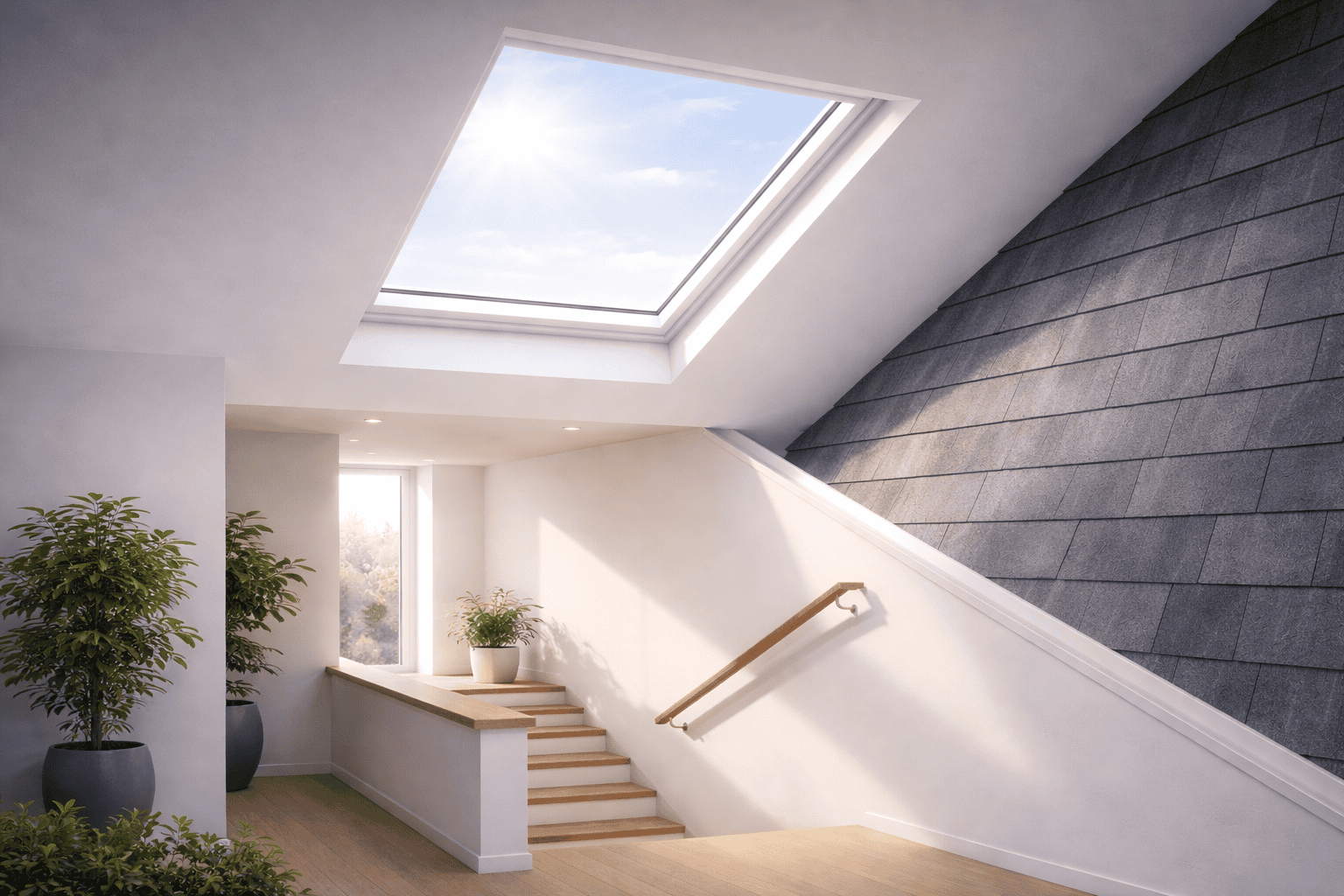 Fixed skylight illuminating a modern stairwell with natural daylight, featuring a clean white interior, wood details, and minimalist design