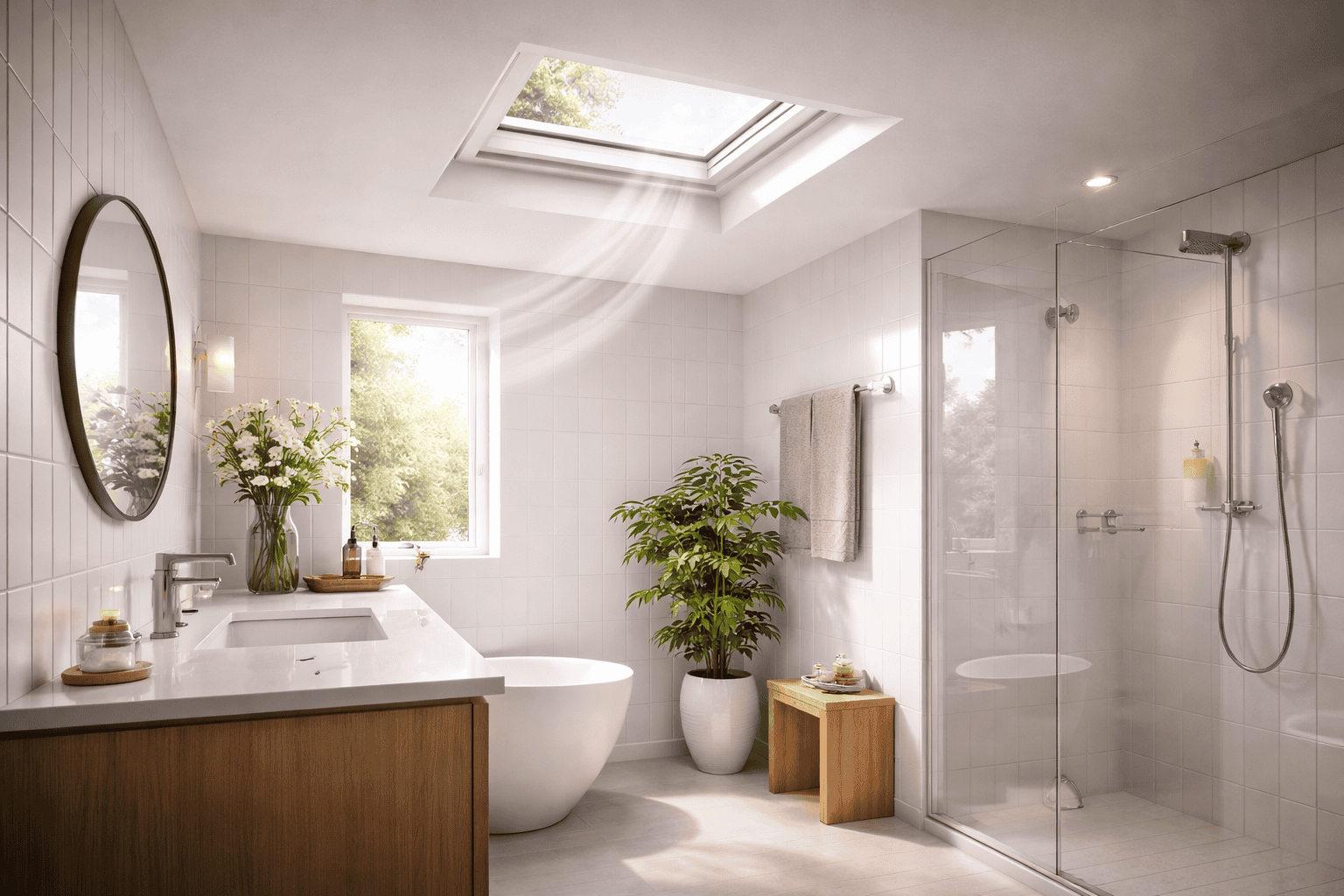 Venting skylight in a modern bathroom allowing natural daylight and fresh airflow, with clean white tiles, glass shower, and wood accents creating a bright, comfortable interior