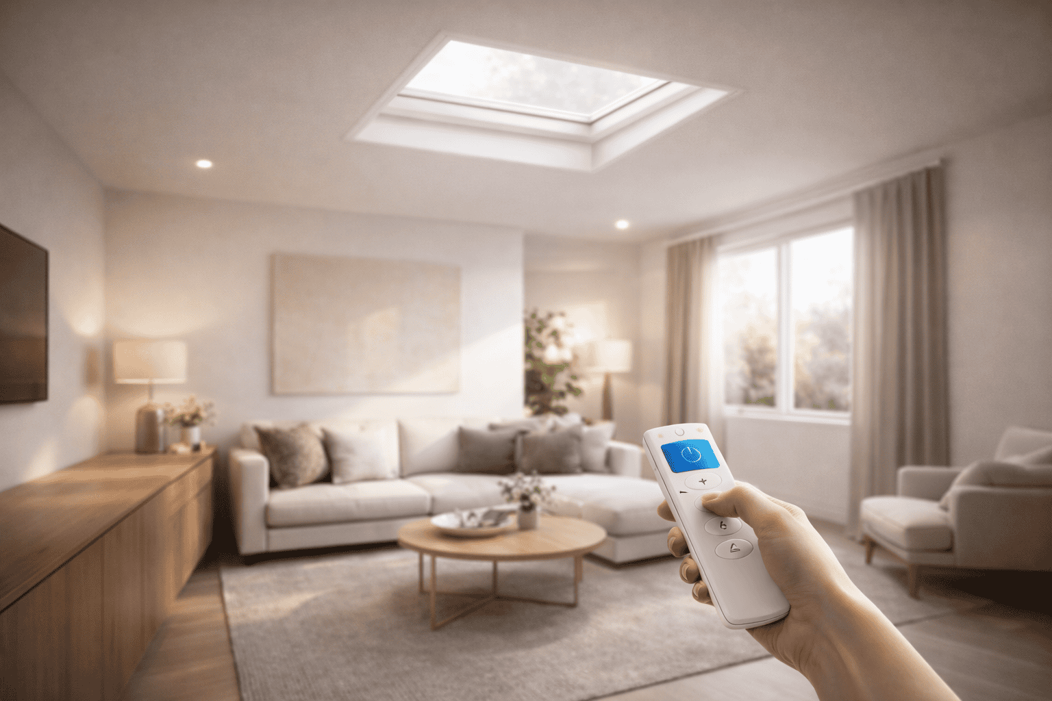 Modern living room with ceiling skylight providing natural daylight, featuring a minimalist remote control in hand, soft neutral tones, and a clean, high-end interior des