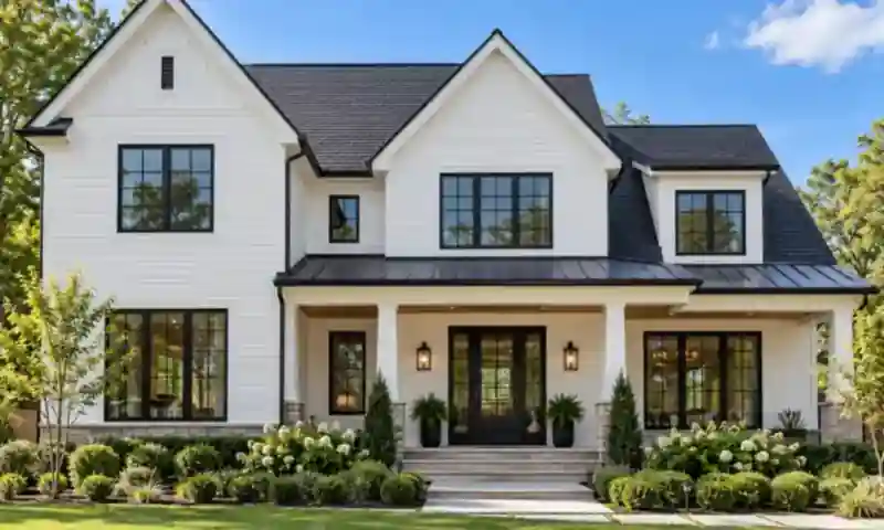 White modern farmhouse with James Hardie fiber cement lap siding and black windows in Massachusetts