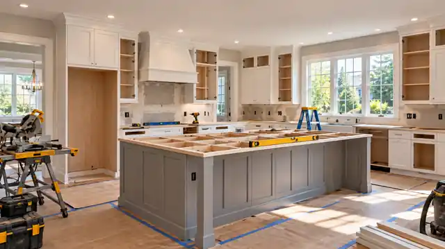 Kitchen renovation in progress in Massachusetts with island framing, cabinet boxes installed and protected hardwood floors