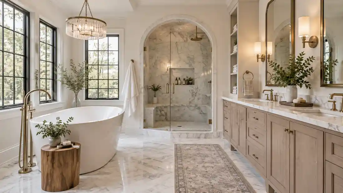 Luxury master bathroom remodel in Massachusetts with freestanding tub, arched marble walk-in shower and double vanity
