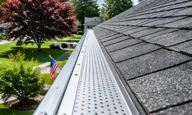 Perforated aluminum gutter guard installed along an asphalt shingle roof