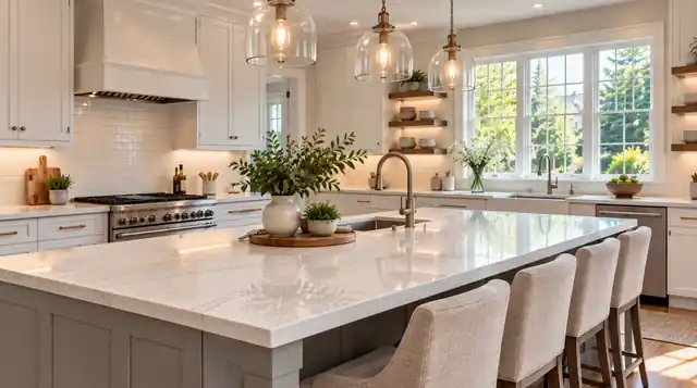 Large kitchen island with white quartz countertop, upholstered bar stools and glass pendant lights in a bright Massachusetts kitchen