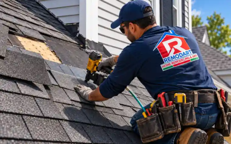 Roofer using a nail gun to repair shingles next to a dormer wall