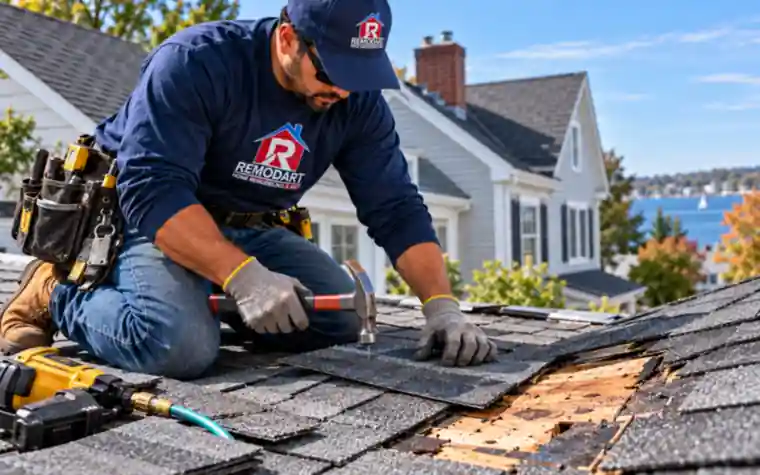 Roofer repairing asphalt shingles over exposed roof sheathing