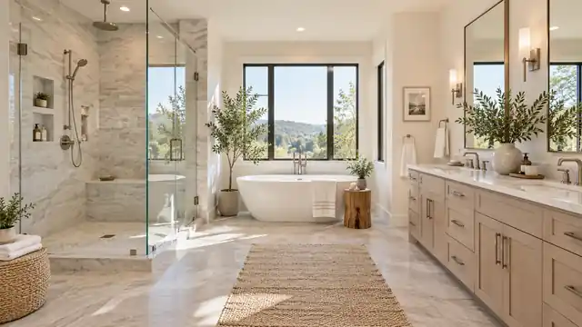 Spa-style bathroom renovation with glass walk-in shower, freestanding tub and double vanity