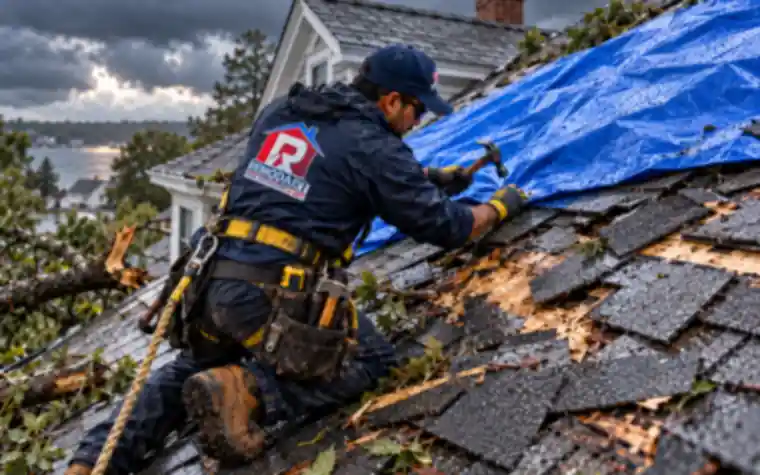 Storm-damaged roof with fallen tree limbs and a protective tarp being installed