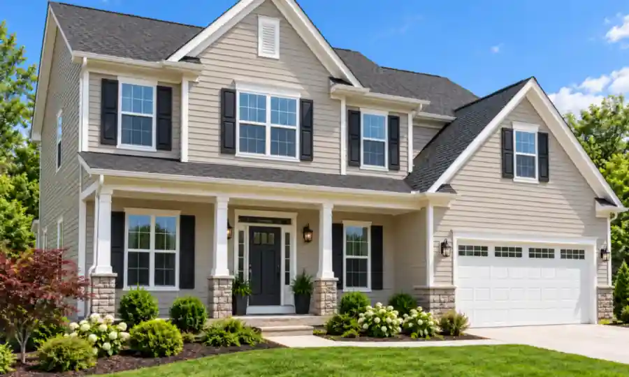 Two-story colonial home with beige vinyl lap siding, black shutters, white trim and a covered front porch in Massachusetts