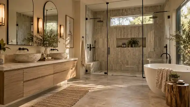 Bathroom remodel with large glass walk-in shower, stone tile, vessel sinks and freestanding tub