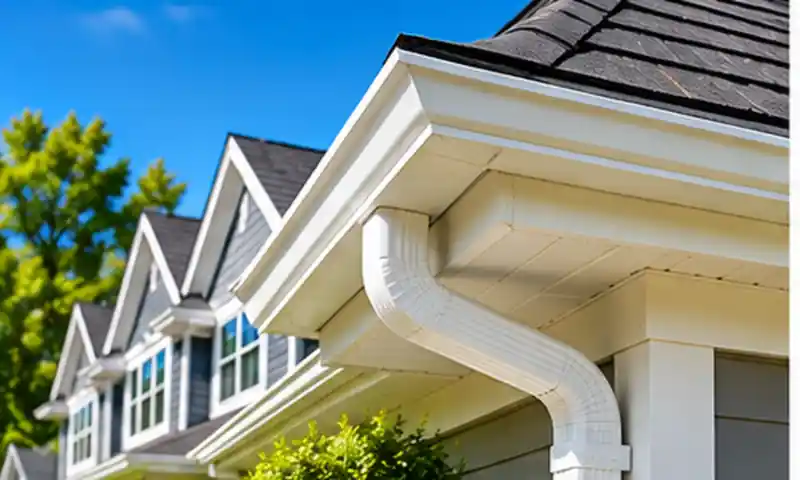 White seamless aluminum gutters and downspout on a row of gray New England homes