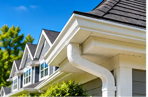 White seamless aluminum gutter and downspout on a home with gray siding