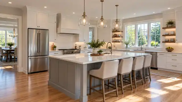 White shaker kitchen remodel in Massachusetts with gray island, quartz countertops, glass pendant lights and stainless appliances