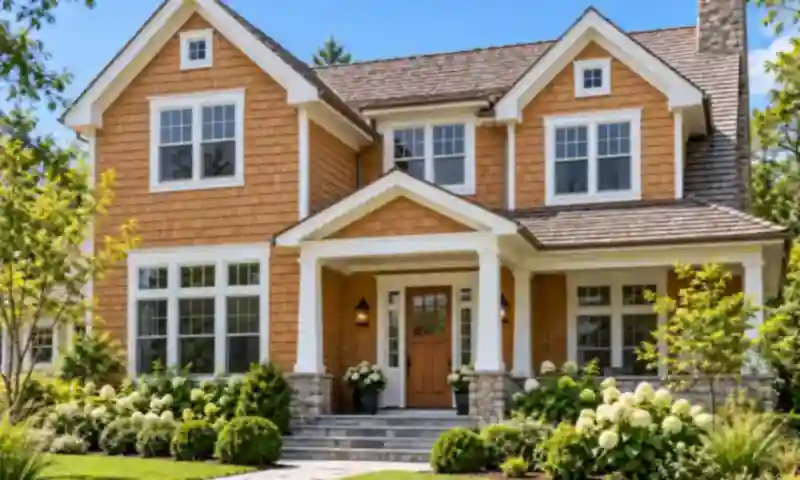 New England home with natural cedar wood shingle siding, white trim and covered front porch